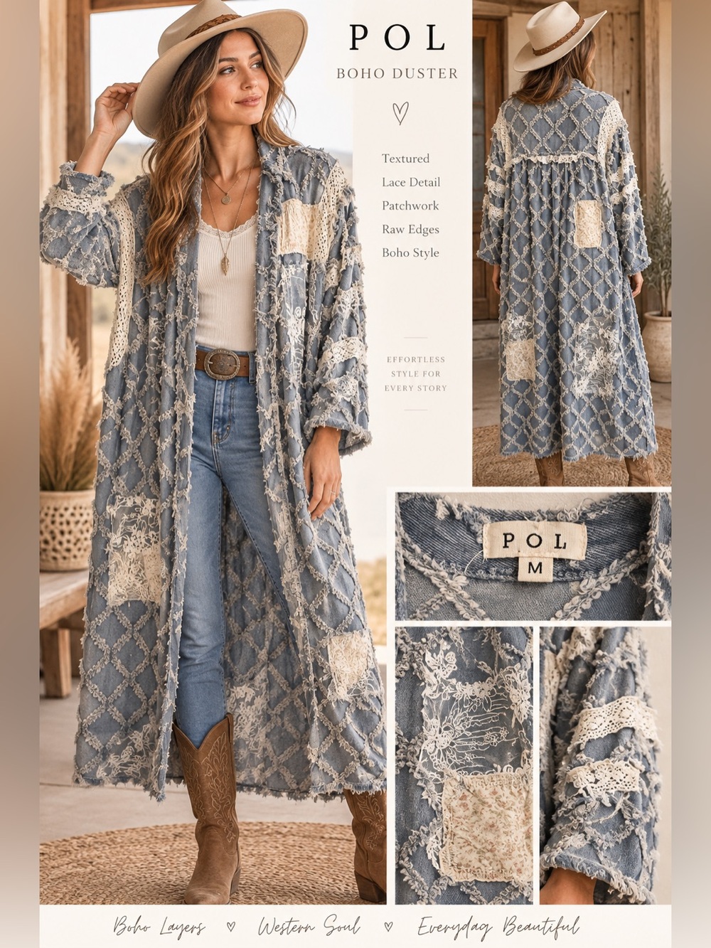 POL Boho Duster Coat M Blue Distressed Lace Patchwork Raw Edge Long Jacket